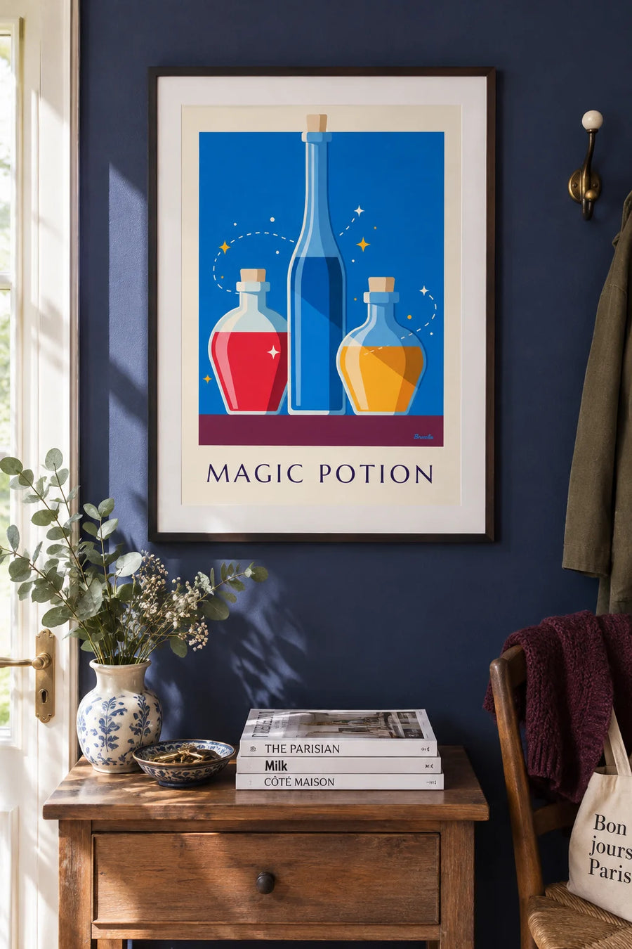 Affiche potion magique en flacons de verre sur une étagère : encadrée au mur