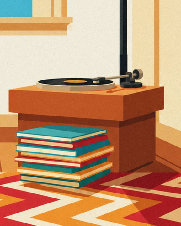 The record player on its wooden cabinet, above a stack of 7 record sleeves