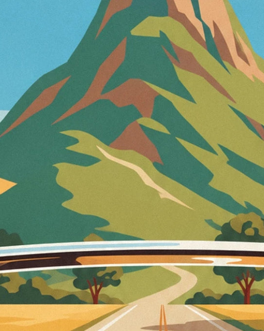 La route sinueuse au pied des montagnes vertes et ocre, derrière le pare-brise