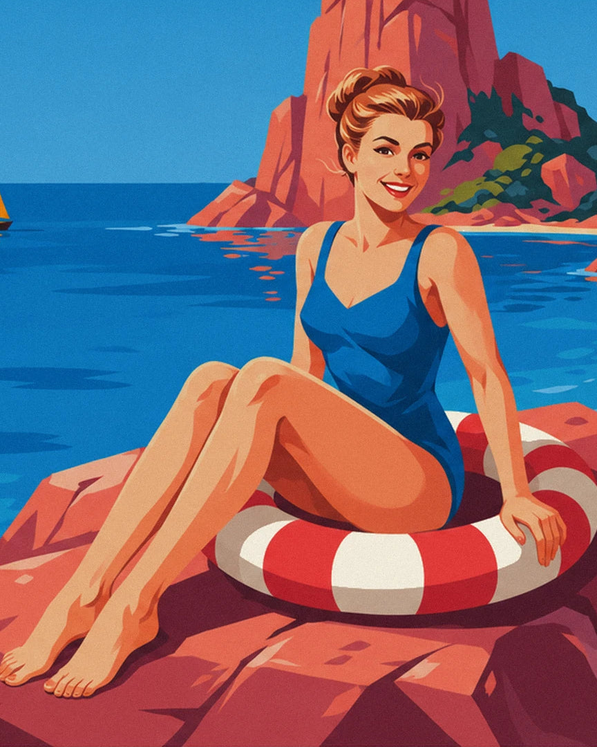 Die Pin-up im blauen Badeanzug, die auf ihrem rot-weißen Schwimmreifen auf den roten Felsen sitzt