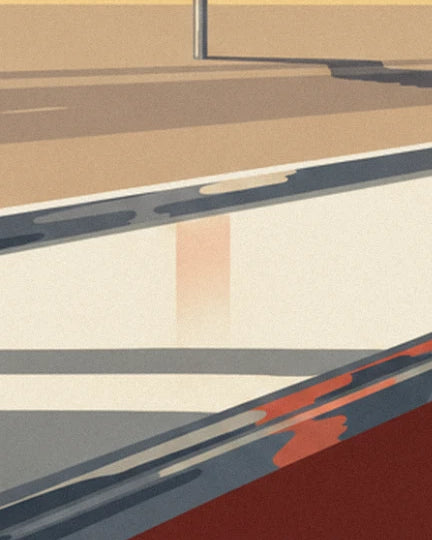 The pale diner counter, edged with metal reflecting grey and red