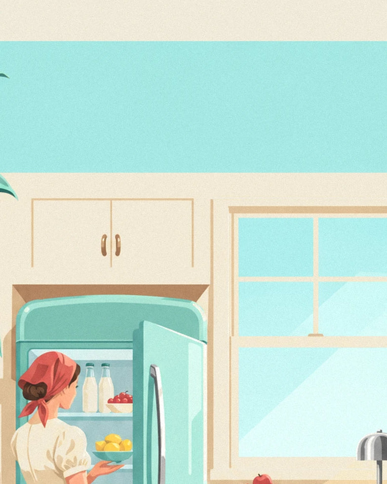 Poster abgerundeter mintgrüner Kühlschrank in einer Küche: Detail in Nahaufnahme
