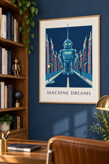 Affiche robot futuriste aux lumières néon dans une ville la nuit : encadrée au mur