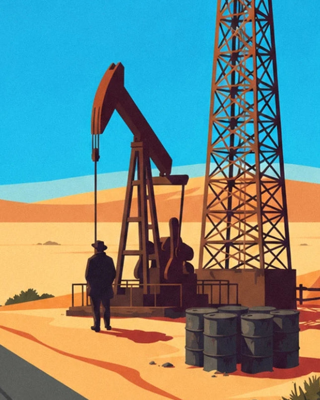La pompe à pétrole et la tour métallique, avec un homme et des barils dans le désert
