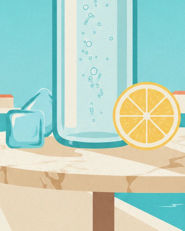 Die Zitronenscheibe und die Eiswürfel am Fuß der Flasche auf dem Tisch