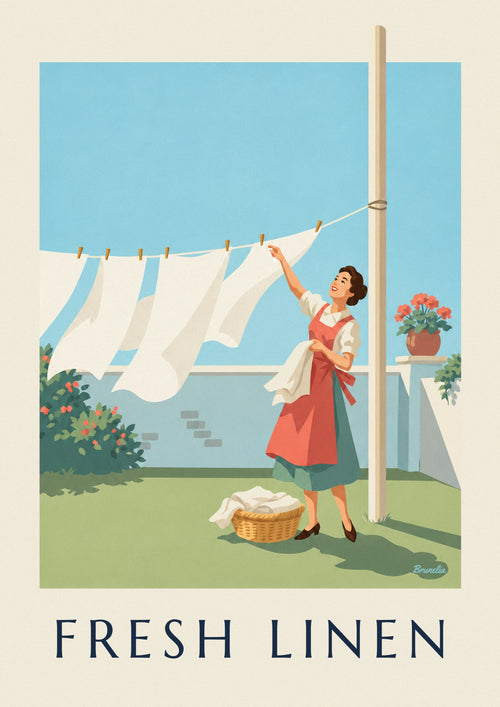 Affiche ménagère étendant son linge blanc au jardin : l'affiche entière