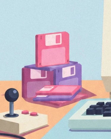 The pink and purple floppy disks stacked near the joystick with 2 buttons