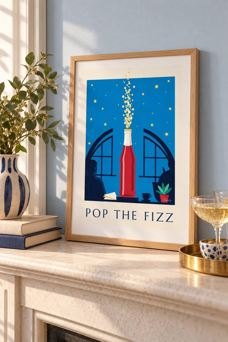 Poster of a bottle of sparkling soda under a starry sky: small A4 size, framed