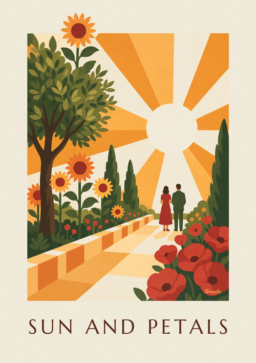 Affiche soleil rayonnant et fleurs géométriques stylisées : l'affiche entière