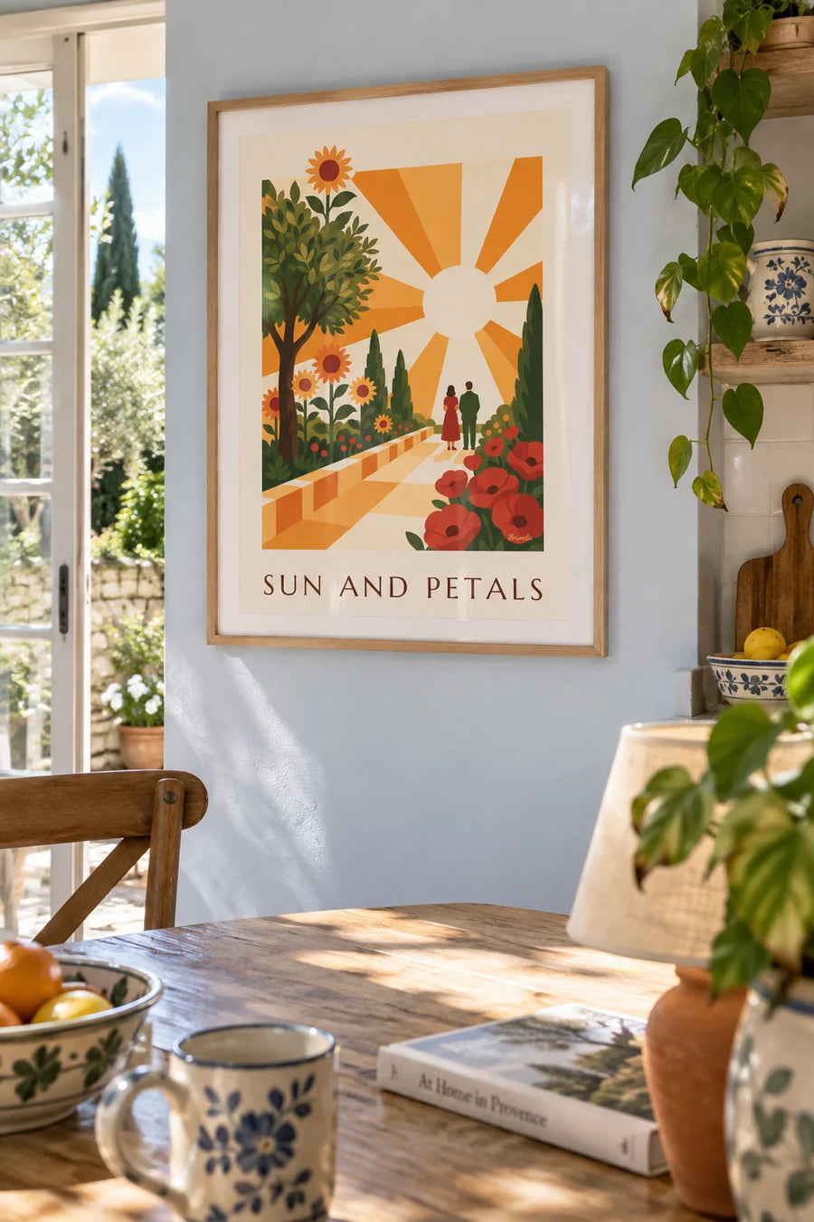 Affiche soleil rayonnant et fleurs géométriques stylisées : encadrée au mur