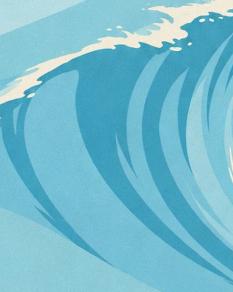 La paroi de la vague aux courbes bleues, coiffée d'une crête d'écume blanche