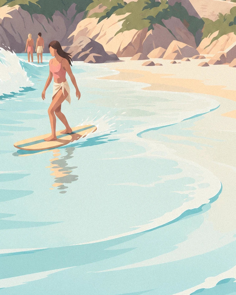 Poster Longboarderin an der Côte des Basques in Biarritz: Detail in Nahaufnahme