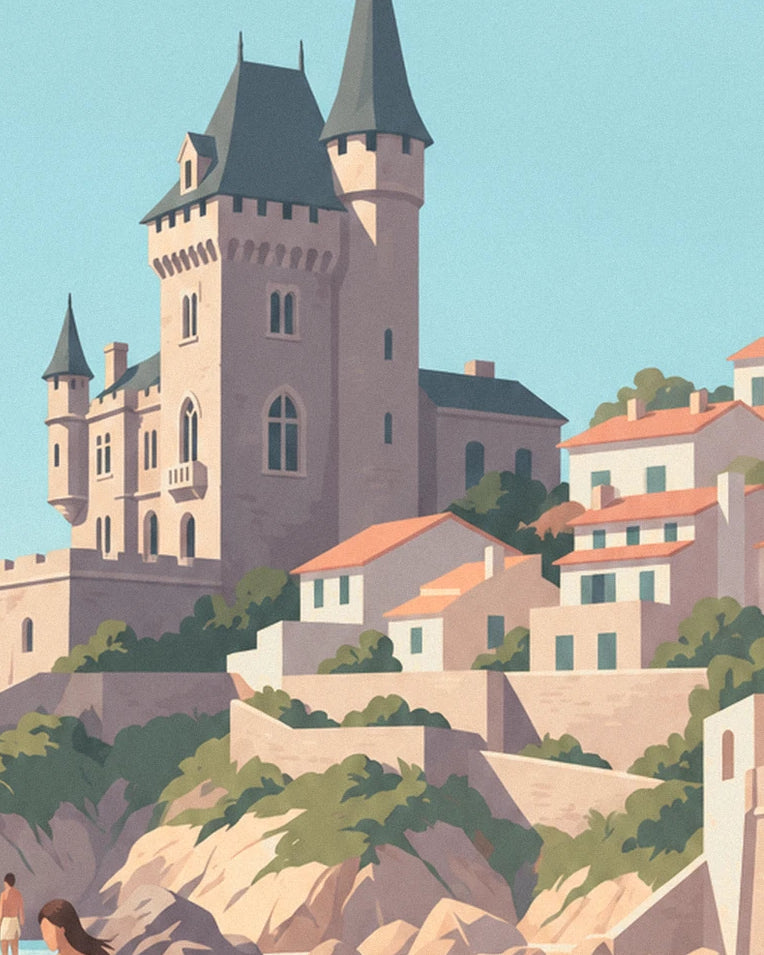 Poster Longboarderin an der Côte des Basques in Biarritz: Detail in Nahaufnahme