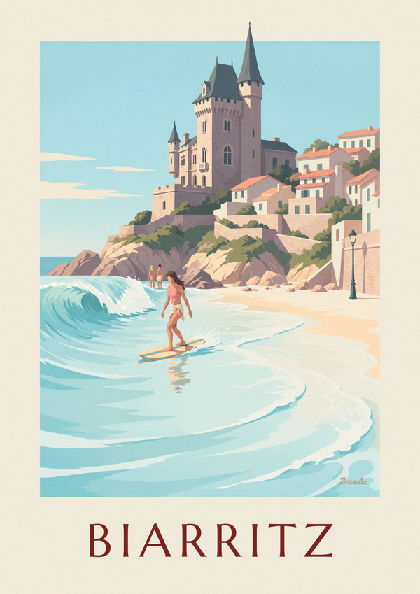 Poster Longboarderin an der Côte des Basques in Biarritz