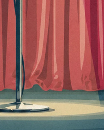 The microphone stand in the circle of light at the foot of the red curtain
