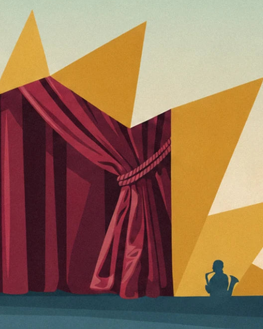 The red curtain tied back with a rope and the silhouette of a saxophonist on stage