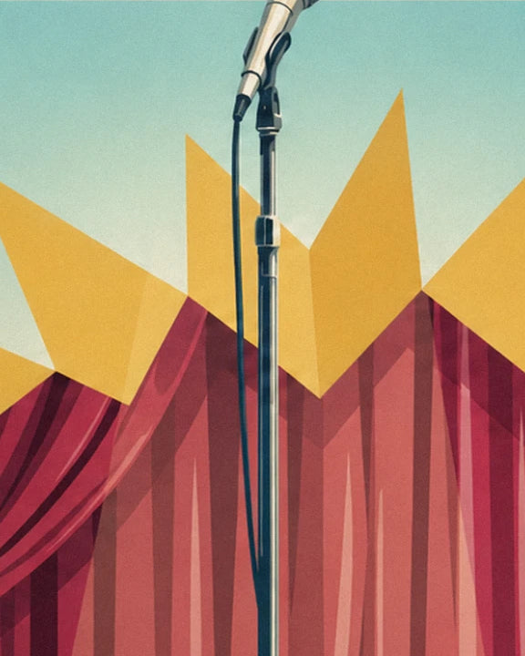 The chrome microphone on its stand in front of the red curtain and yellow points