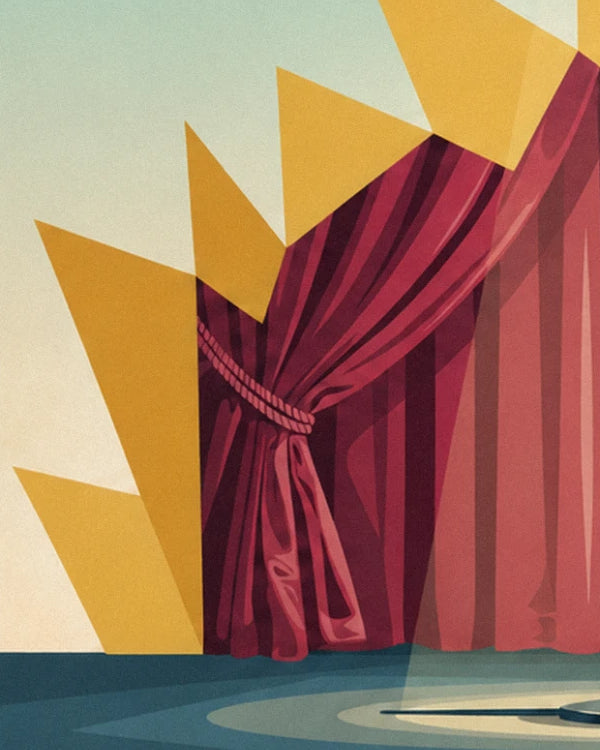 The burgundy stage curtain held back by a cord beneath golden yellow rays