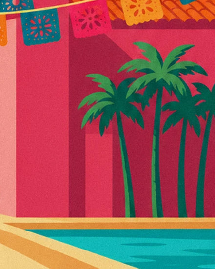 Les palmiers devant les façades roses, au bord du bassin turquoise