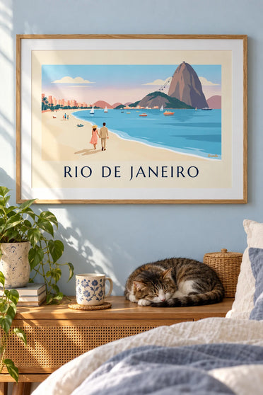 Poster Paar am Strand von Botafogo vor dem Zuckerhut in Rio : gerahmt an der Wand