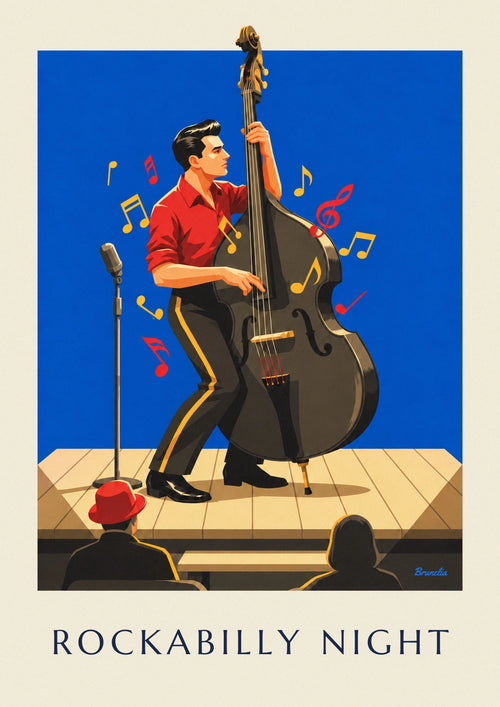 Poster Rockabilly-Abend und Musiker mit Kontrabass: das ganze Poster