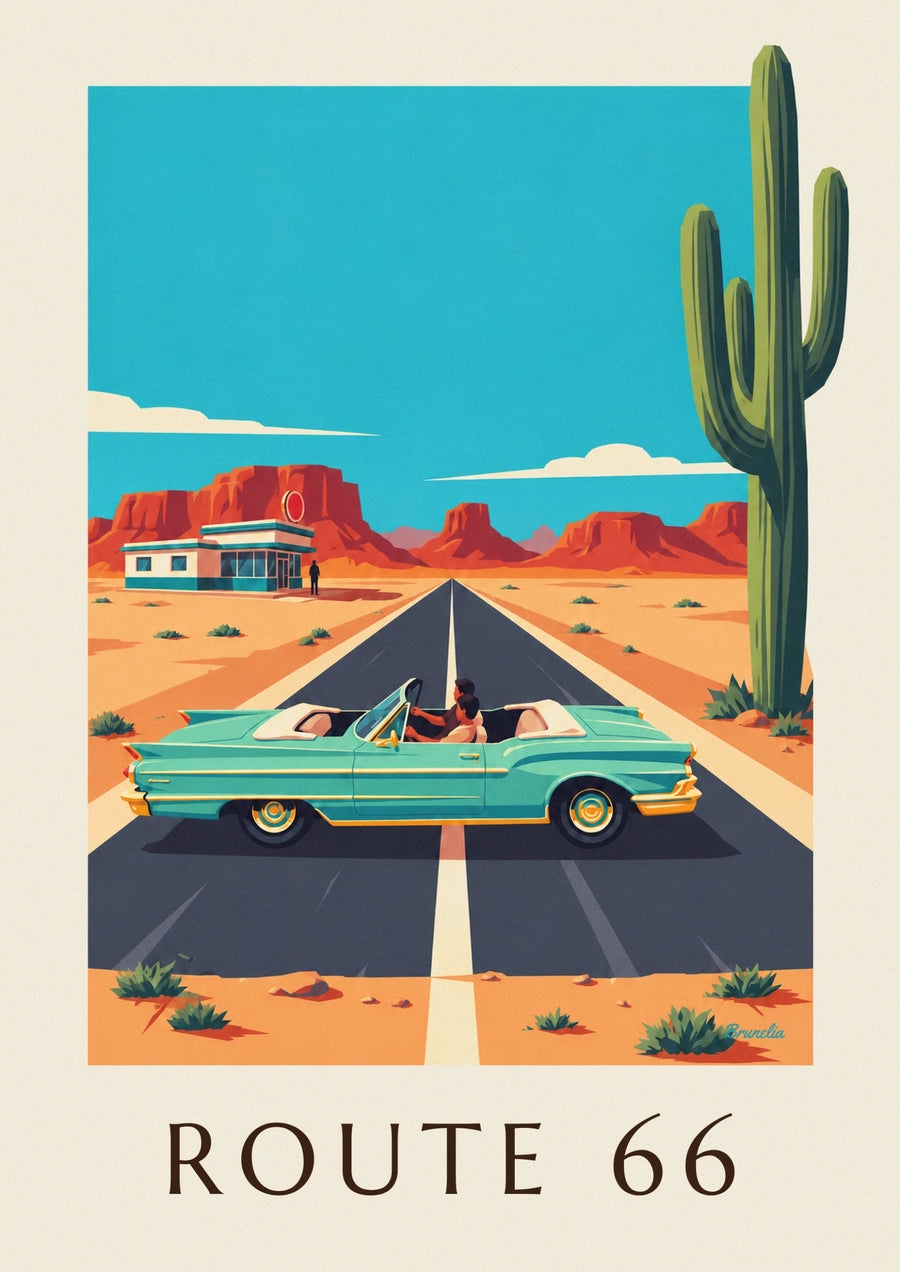 Route 66 car in the American desert poster