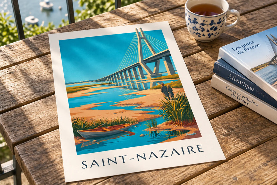 Poster Brücke von Saint-Nazaire und Boot in der Flussmündung: auf einem Tisch