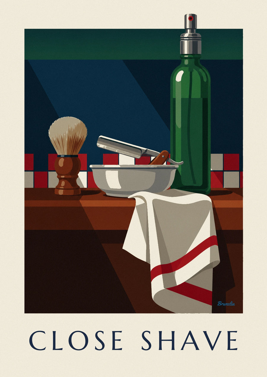 Poster Rasiermesser, Rasierpinsel und Aftershave-Flakon