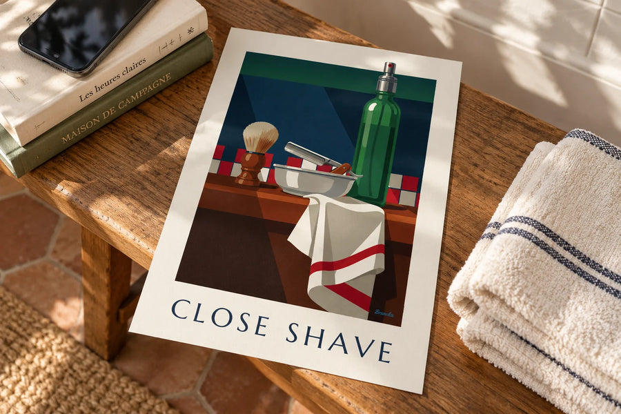 Poster Rasiermesser, Rasierpinsel und Aftershave-Flakon: auf einem Tisch abgestellt