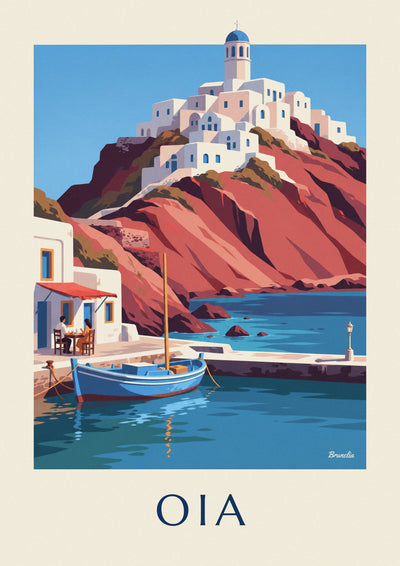 Poster blaues Boot im Hafen von Ammoudi unterhalb des Dorfes Oia: das ganze Poster
