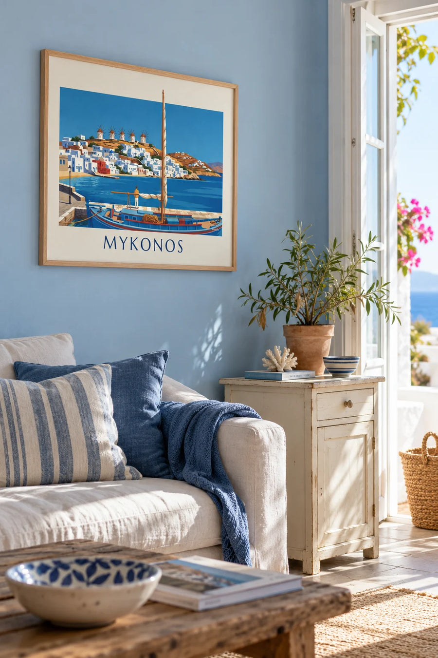 Poster of a caïque in the harbor of Mykonos facing the Kato Mili windmills: framed on the wall