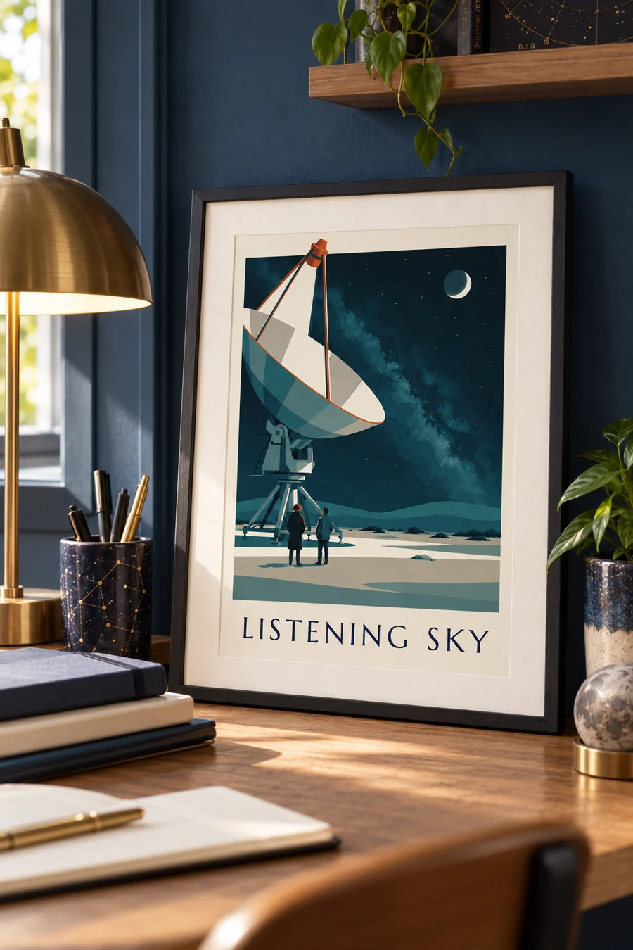 Poster Radioteleskop unter dem Sternenhimmel in der Wüste: kleines Format A4 gerahmt