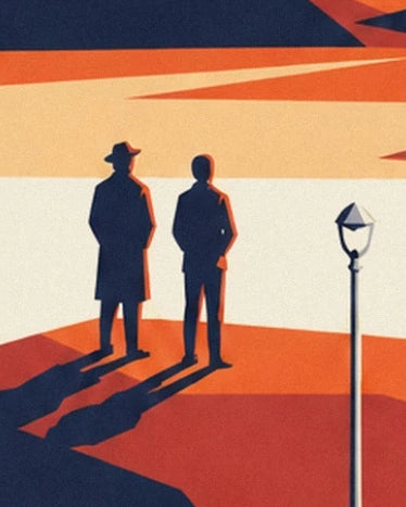 The 2 dark figures with long shadows, near a mast in the orange desert