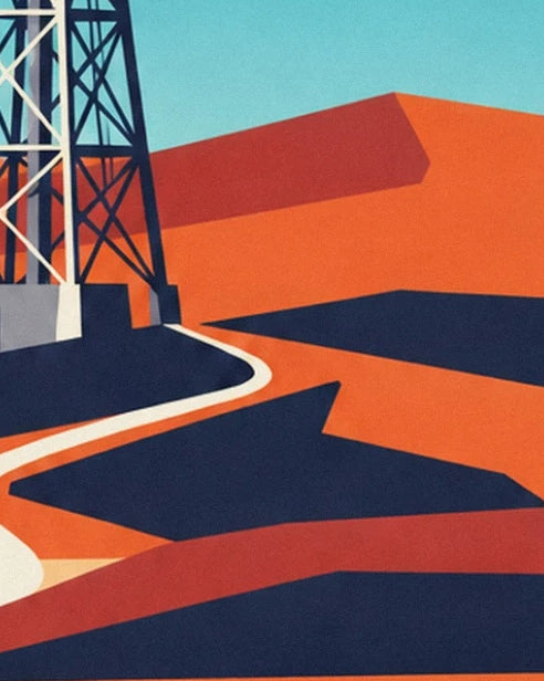 The metal base of the radio telescope and its midnight blue shadows on the orange ground