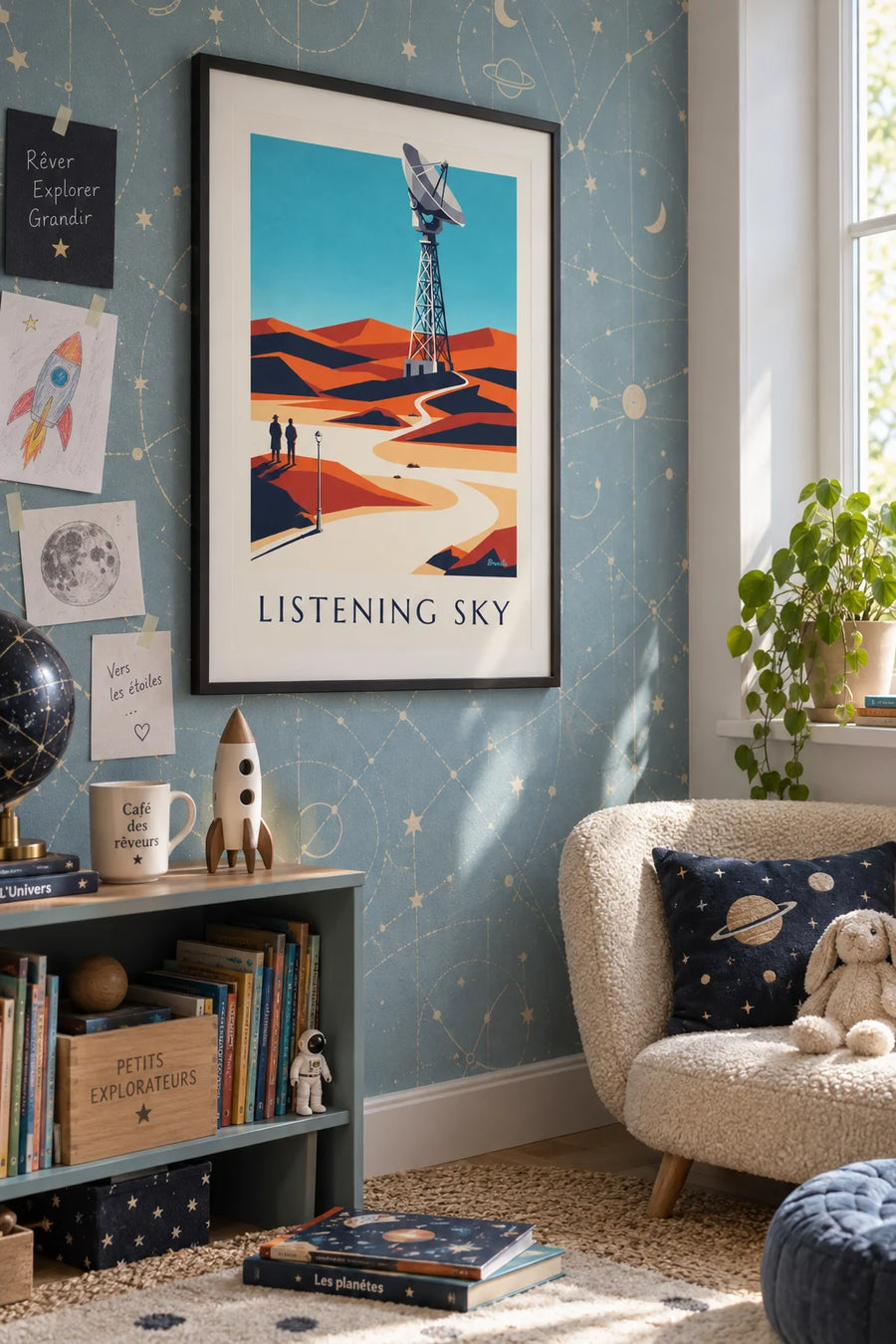 Radio telescope pointed at a starry desert sky poster: framed on the wall