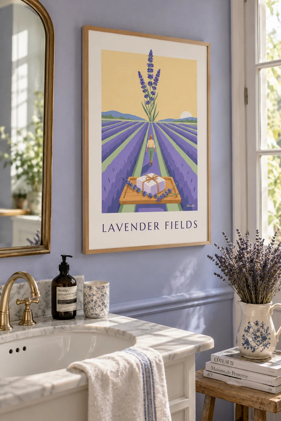 Poster of handmade lavender soap and a lavender field: framed on the wall