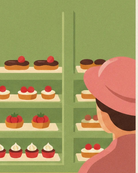 Shelves of éclairs, strawberry tartlets and choux buns, with a customer in a pink hat
