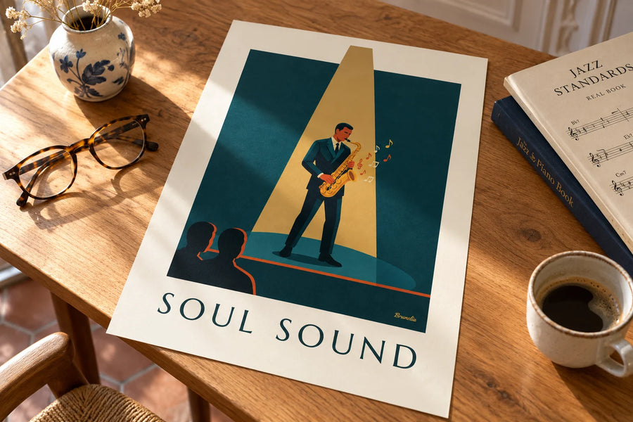 Affiche saxophone doré sous un faisceau de lumière jazz : posée sur une table