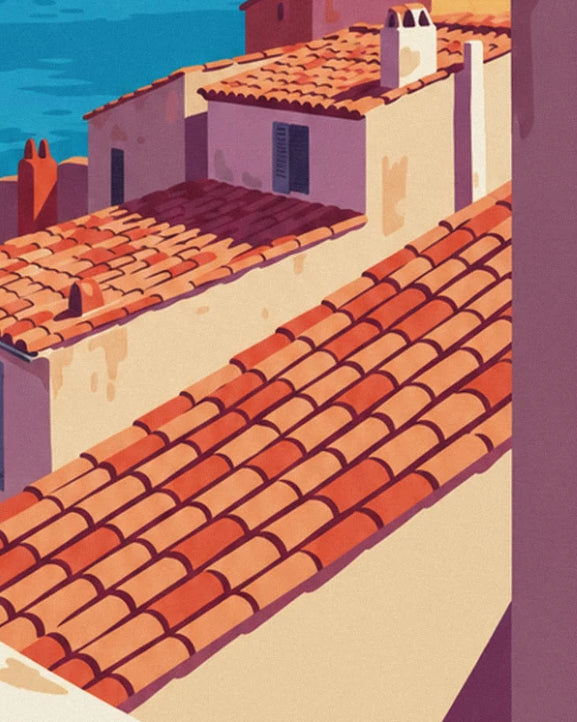 Orange tiled roofs and pink façades, with a glimpse of turquoise sea