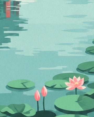 The pink lotus flowers and buds among the pond’s broad green leaves