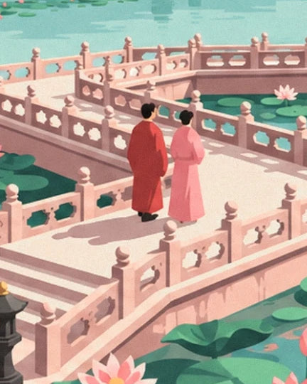The 2 figures in red and pink on the footbridge with decorative open railings