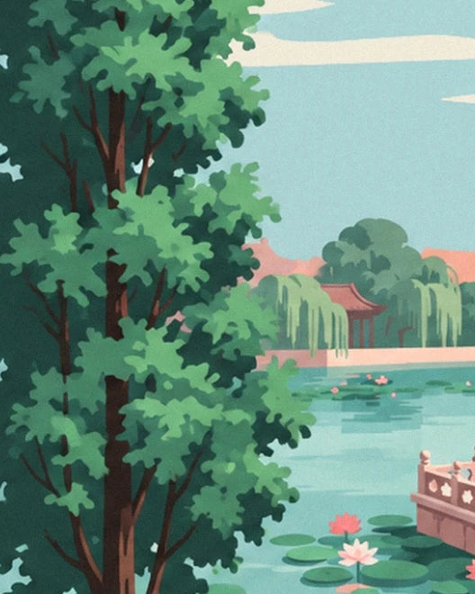 The leafy trees in front of the pond, the willows and a pavilion with a red roof
