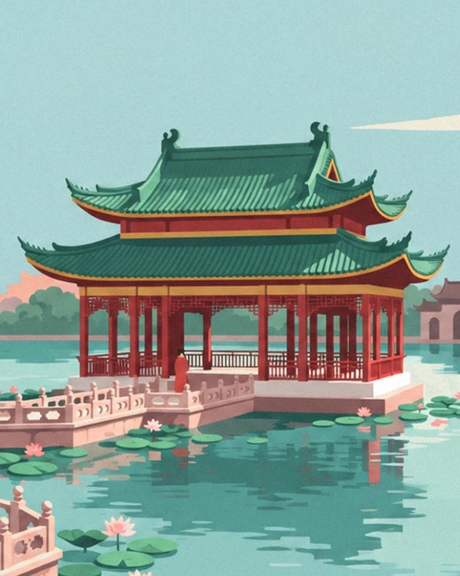 The red teahouse with upturned green roofs beside the lotus pond