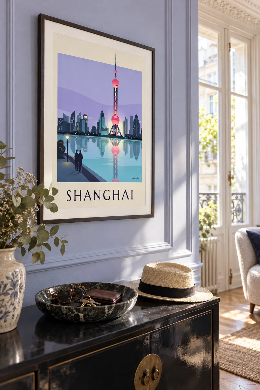 Affiche tour de la Perle de l'Orient à Shanghai la nuit : encadrée au mur