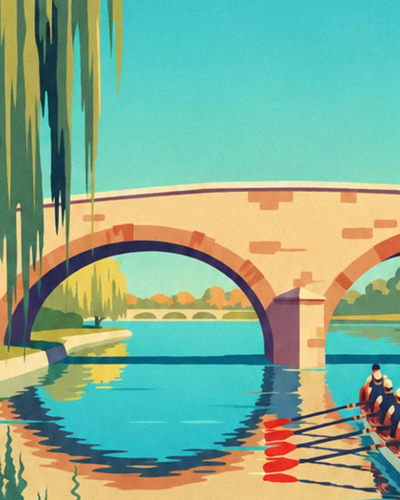 The pink stone bridge and its arches, with a rowing crew coming into view by the riverbank