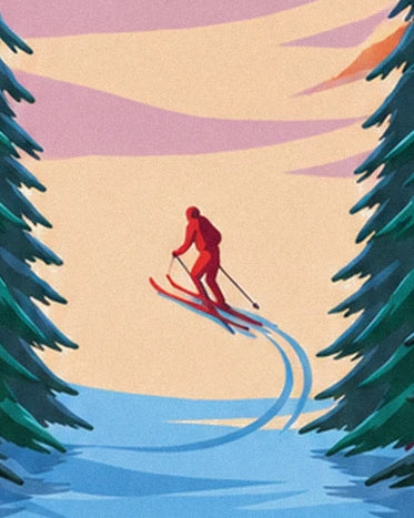 Le skieur rouge entre les sapins, avec ses traces courbes dans la neige bleutée