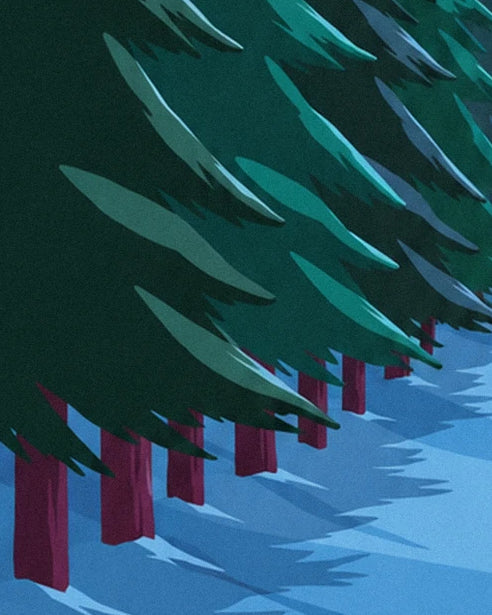 Les troncs pourpres des sapins et leurs longues ombres bleues sur la neige