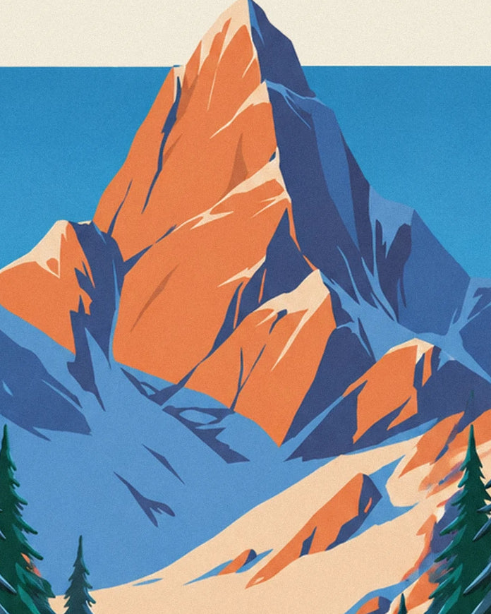 Un sommet escarpé aux faces orange et bleues au-dessus des pentes enneigées