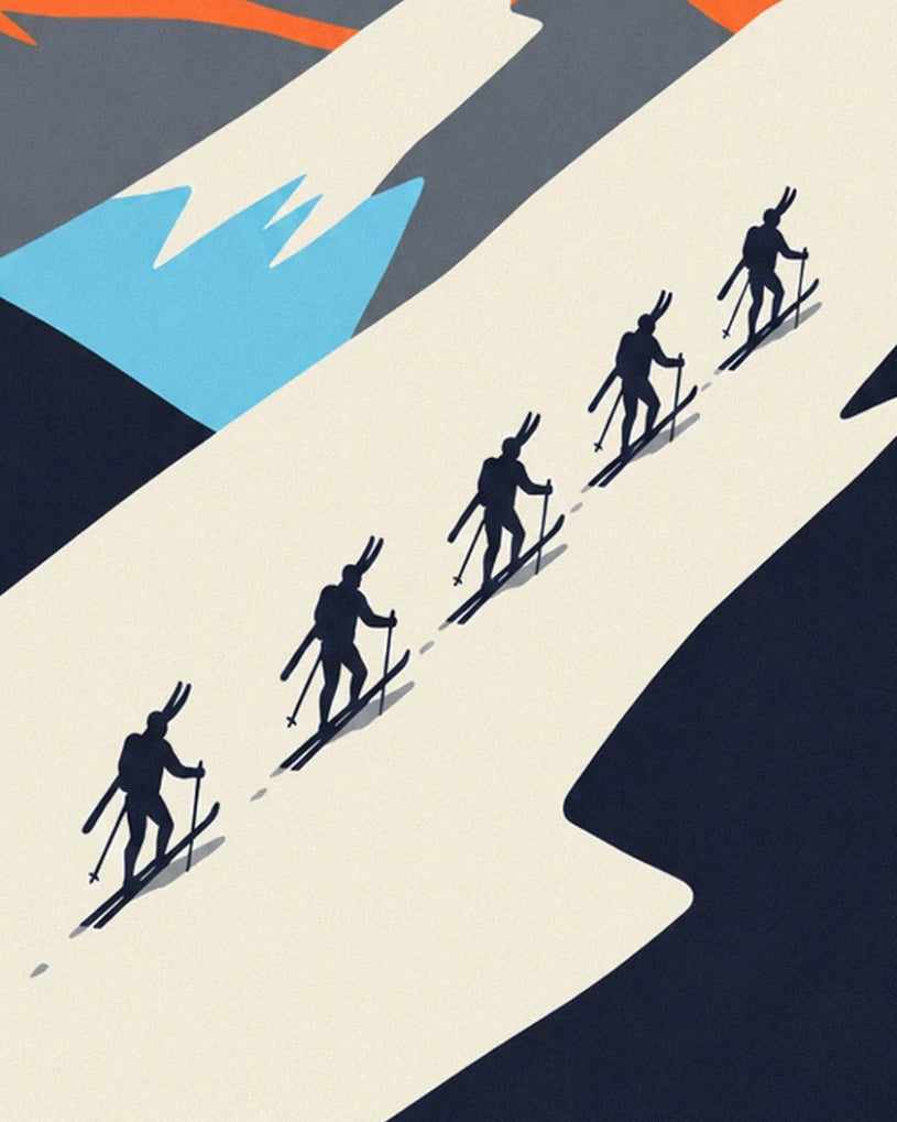 The 5 skiers in single file on the snowy slope, carrying their skis and poles