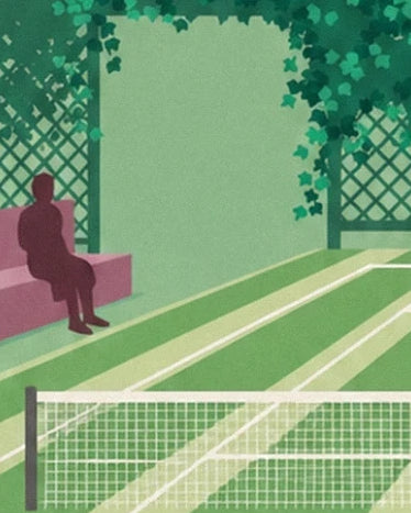 A figure sitting on a pink bench beside the grass court and net